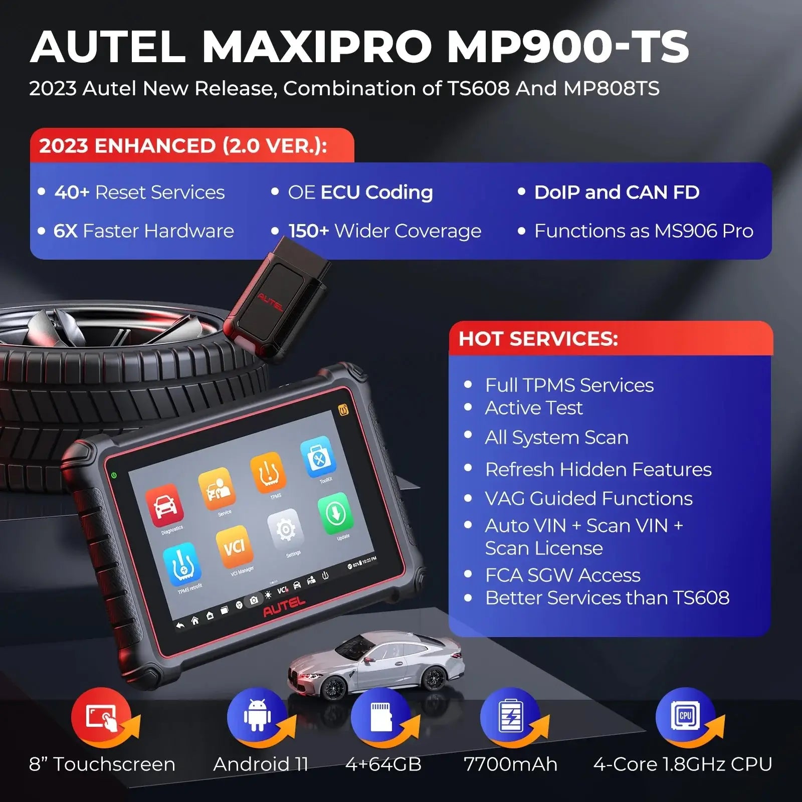 2024 Autel MaxiPRO MP900TS MP900 TS OBD2 Diagnostic Scanner TPMS Programming Coding Tools 8 inch 40 Service - Dynamex