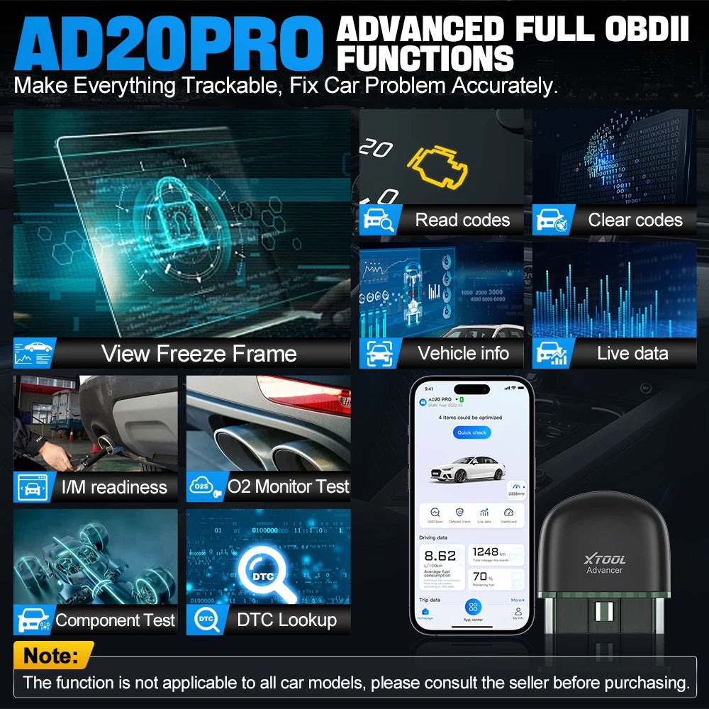 XTOOL Advancer AD20Pro OBD2 Bluetooth Scanner Full System Car Diagnostic Tool obd2 Scanner Oil Reset & Battery Test Code Reader - Dynamex