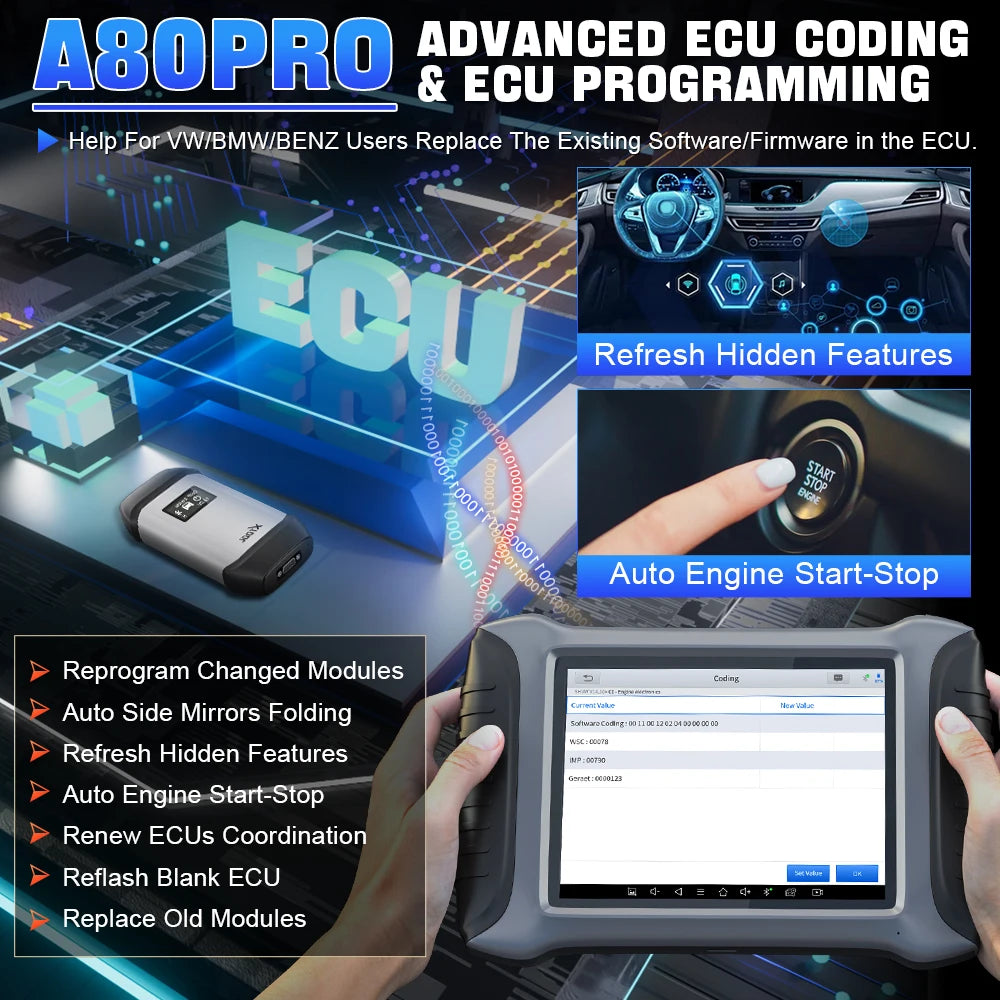 XTOOL A80Pro Automotive All System Intelligent Diagnostic Scanner ECU Programming Coding Bi-Directional 42+ Reset Key Programmer - Dynamex