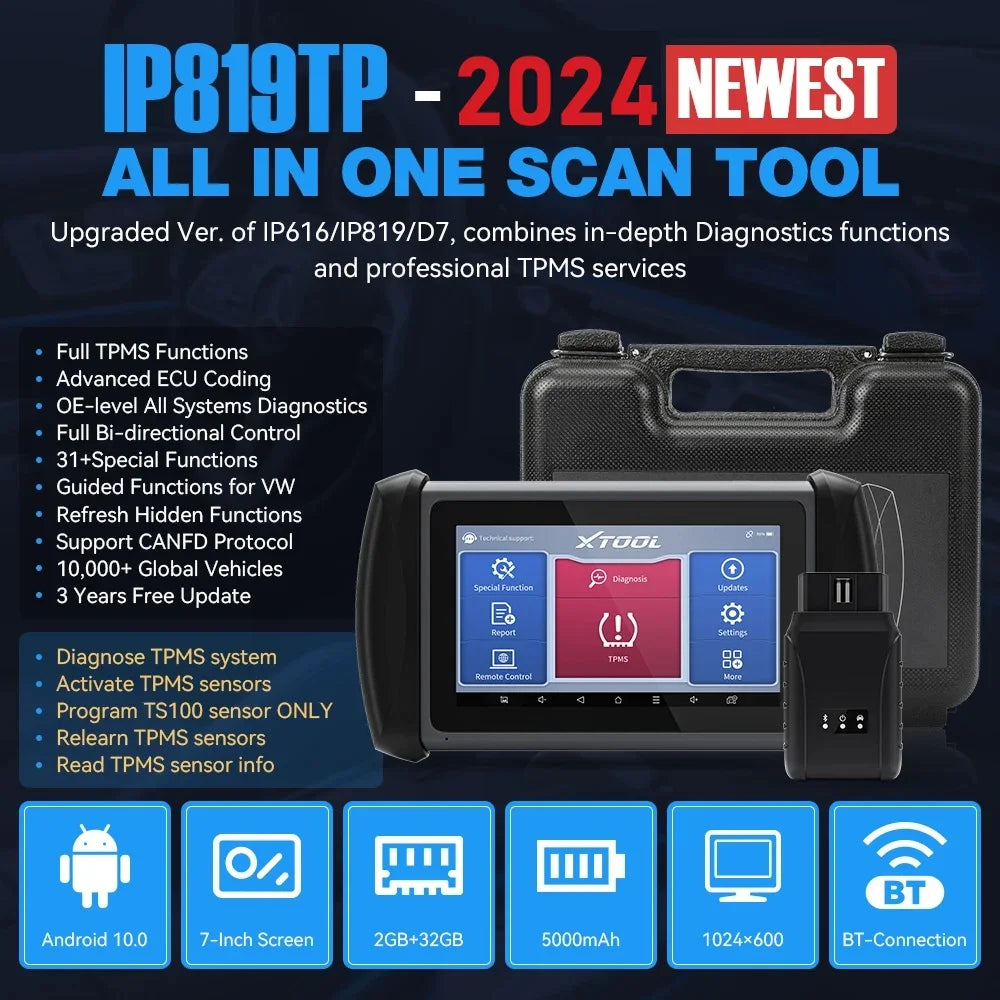 XTOOL InPlus IP819TP Bluetooth Scanner OBD2 Car Tpms Diagnostic Tools Automotive Scanner Active Test ECU Coding D7 Update Ver - Dynamex