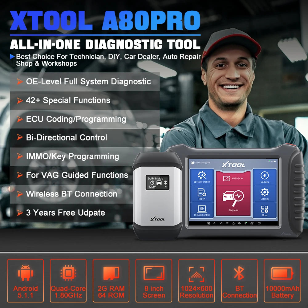 XTOOL A80Pro Automotive All System Intelligent Diagnostic Scanner ECU Programming Coding Bi-Directional 42+ Reset Key Programmer - Dynamex