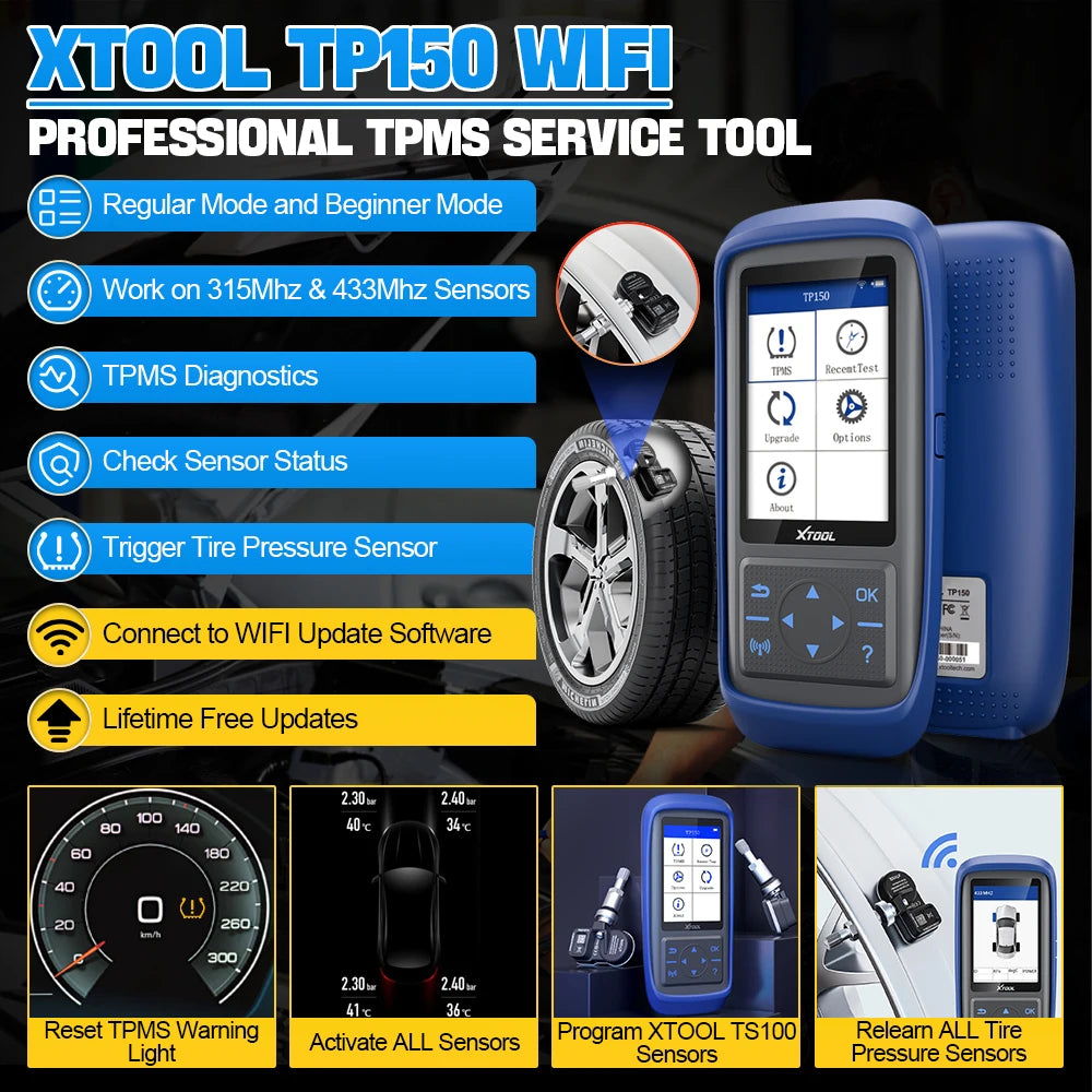 XTOOL TP150 WiFi TPMS Diagnostic Tool Program TS100 Sensor Read/Clear DTCs OBD2 TPMS Activate & Relearn All Sensors Free Update - Dynamex