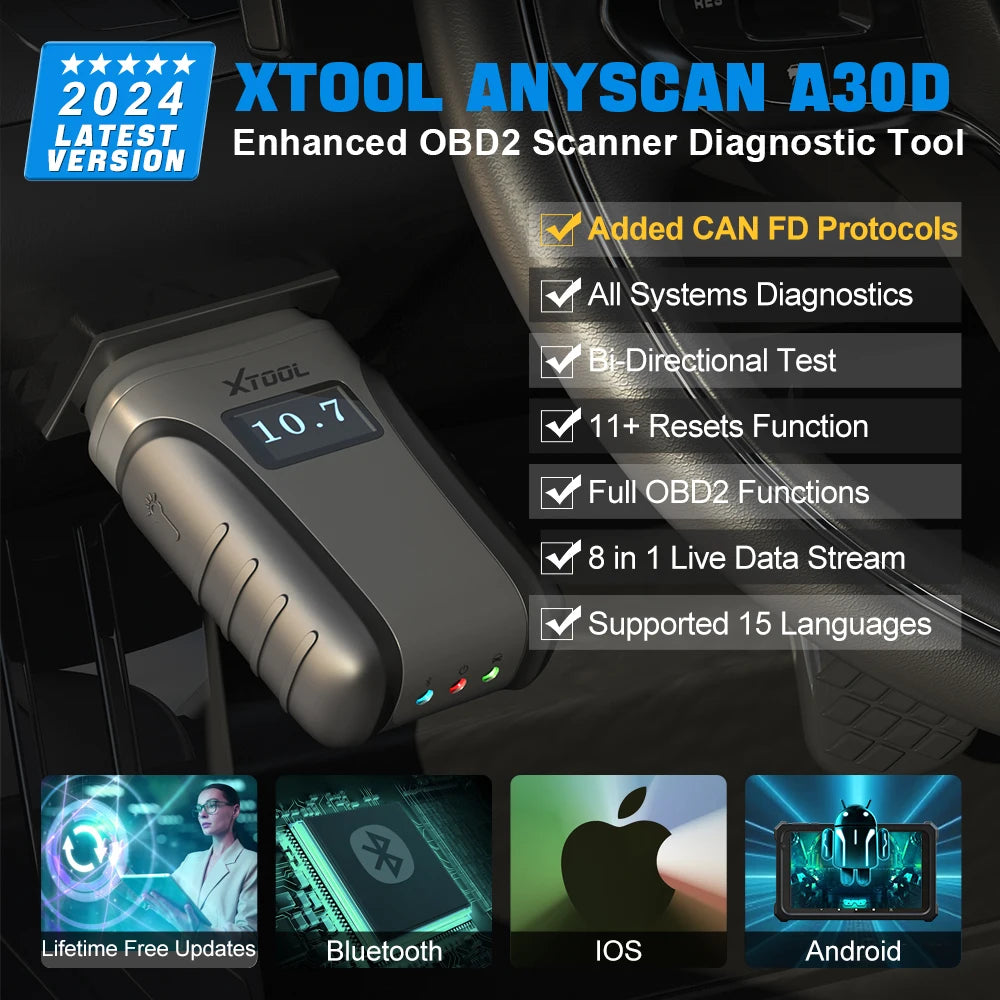 XTOOL Anyscan A30D All System Car Diagnostic Tools OBD2 Bluetooth Scanner 11 Resets Code Reader CAN FD All Software Free Update - Dynamex