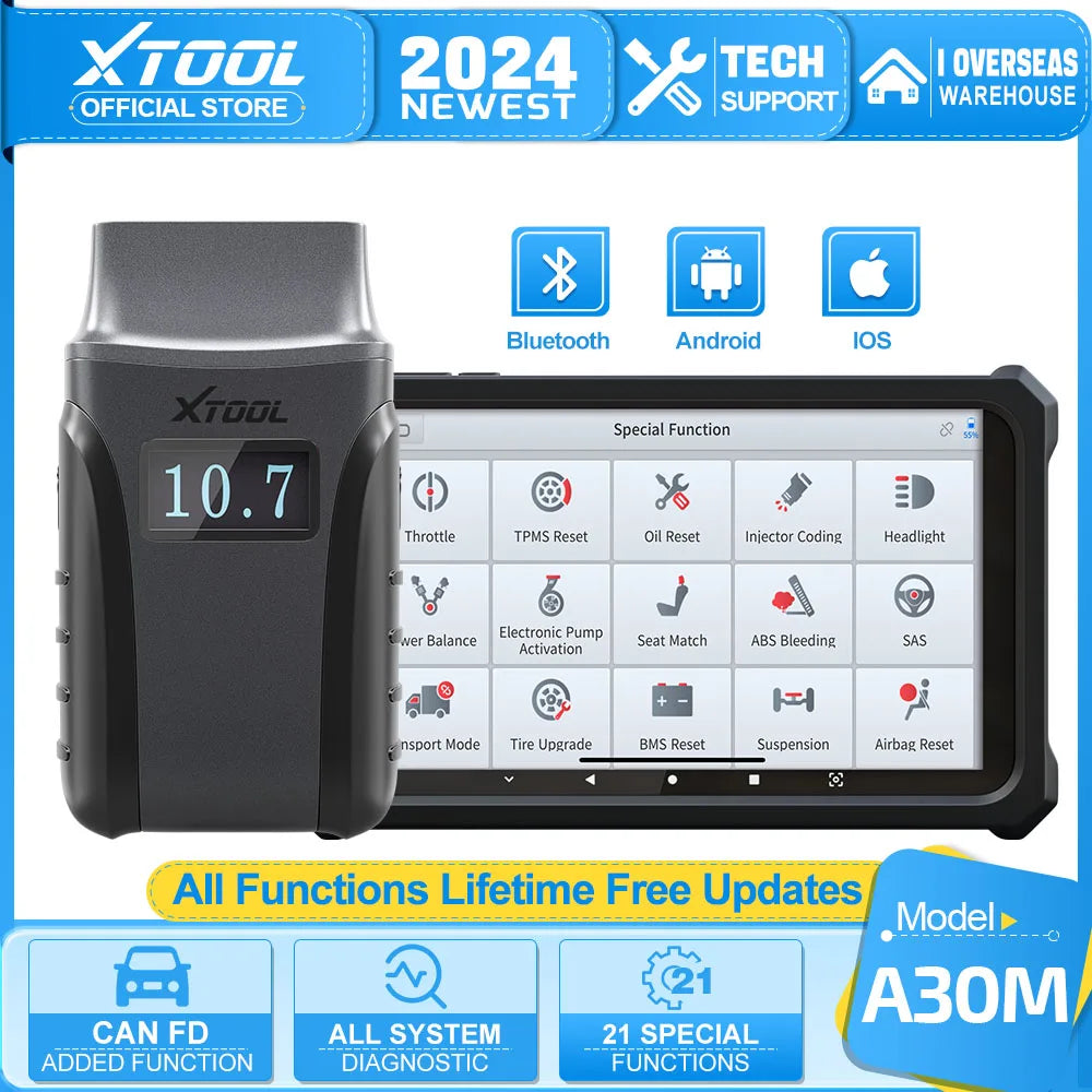 XTOOL A30M OBD2 Scanner Full System Bluetooth Car Diagnostic Tools Bi-directional Scanner 21 Reset Functions With CANFD Function - Dynamex