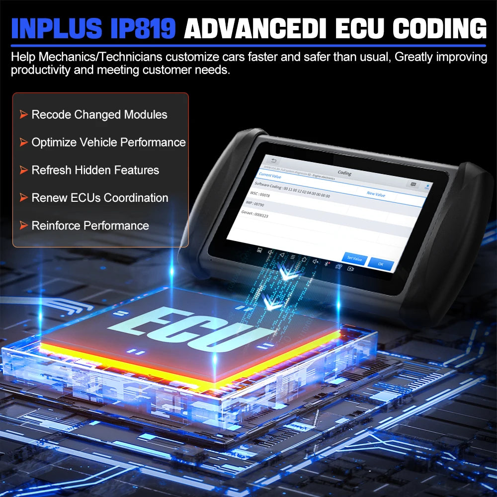 XTOOL InPlus IP819 Automotive Diagnostic Tools ECU Coding Active Test Auto Key Programmer Scanner With CAN FD 36 Services PK D8 - Dynamex