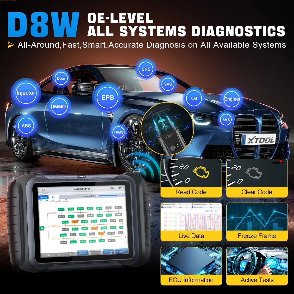 XTOOL D8W WIFI OBD2 Car Diagnostic Tools ECU Online Coding Bi-directional Control Key Programming 38 Resets CAN FD DOIP PK D8 BT - Dynamex