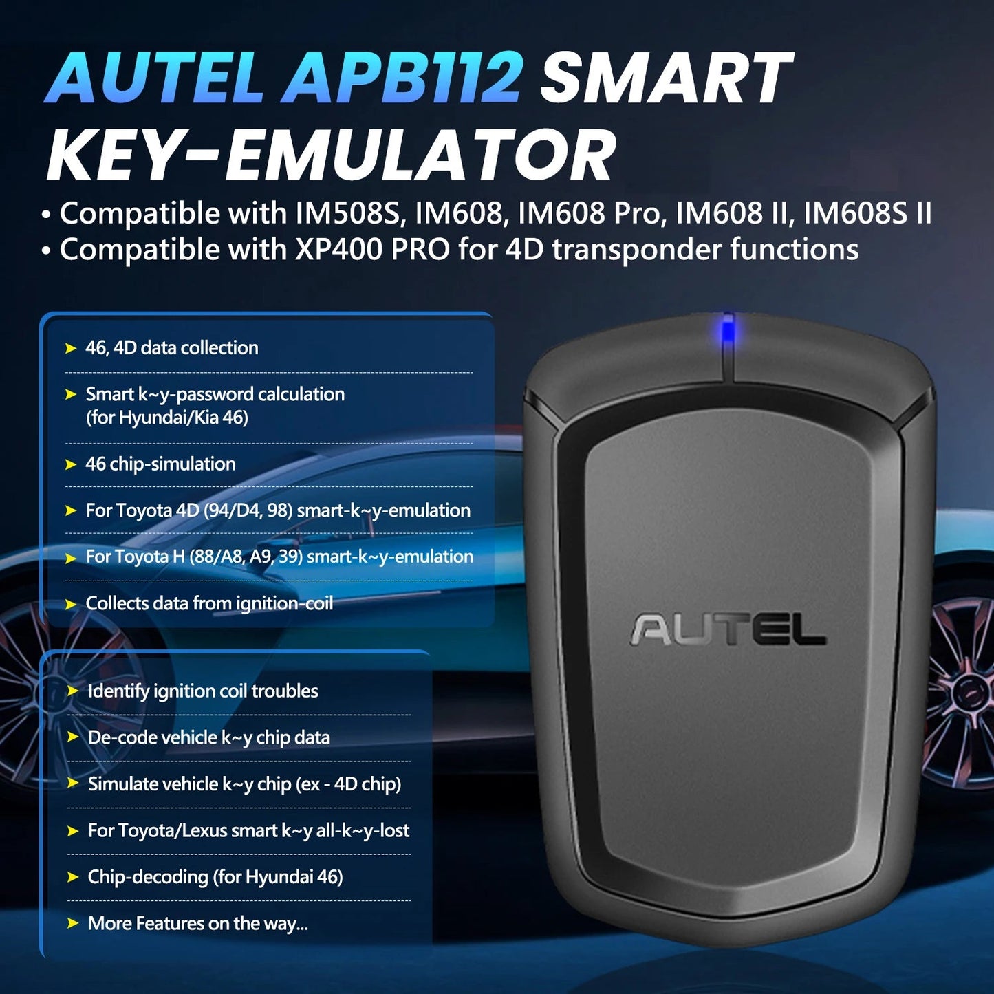 AUTEL APB112 Smart Key Simulator 46 4D Chip for Autel IMMO Key Programming Tool Compatible with IM508, IM608, IM600, OTOFIX Tool - Dynamex