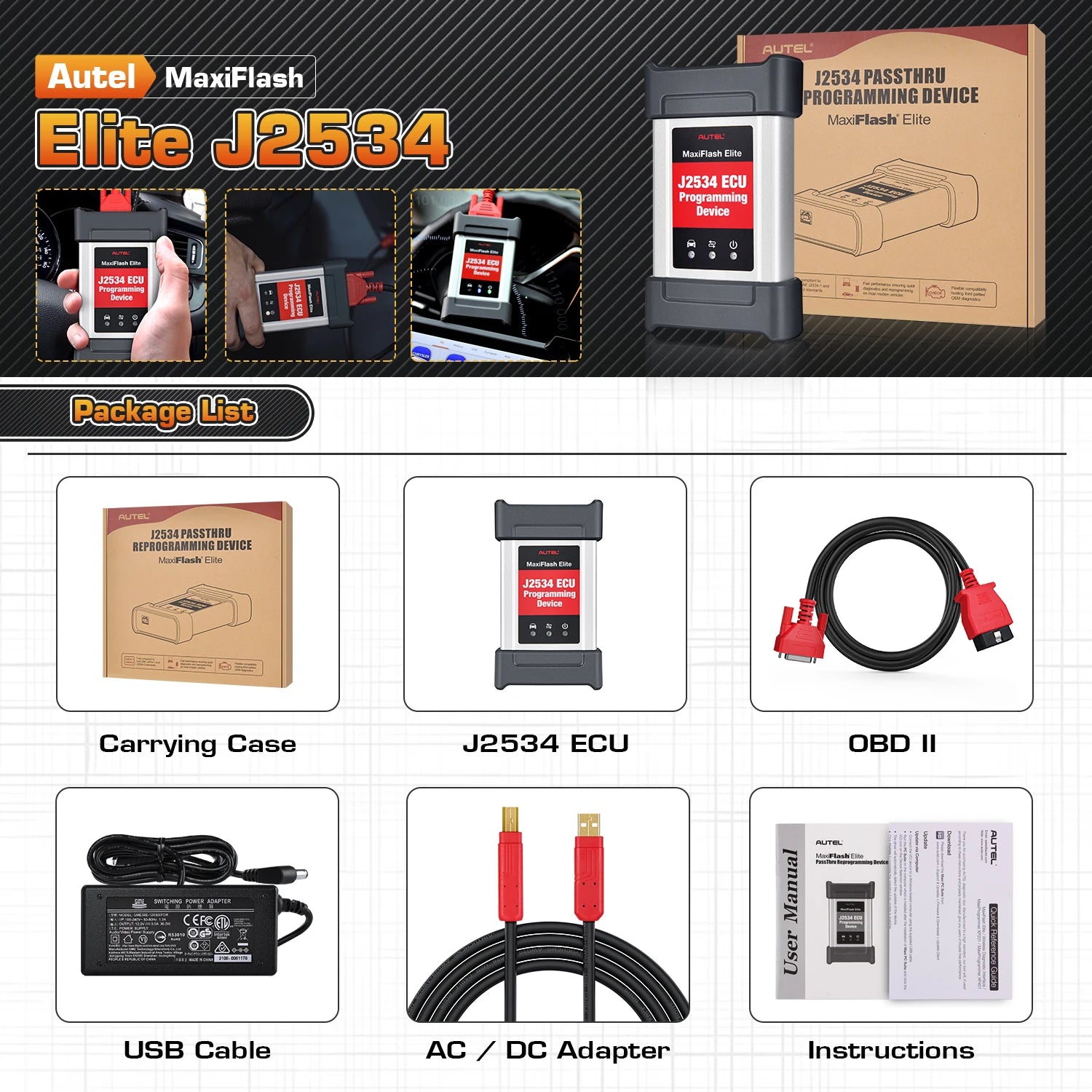 Autel  J2534 Box ECU Programming Tool MaxiFlash Elite work with OEM Diagnostic Software with Laptop, Scanner MS908 Pro MK908 Pro - Dynamex