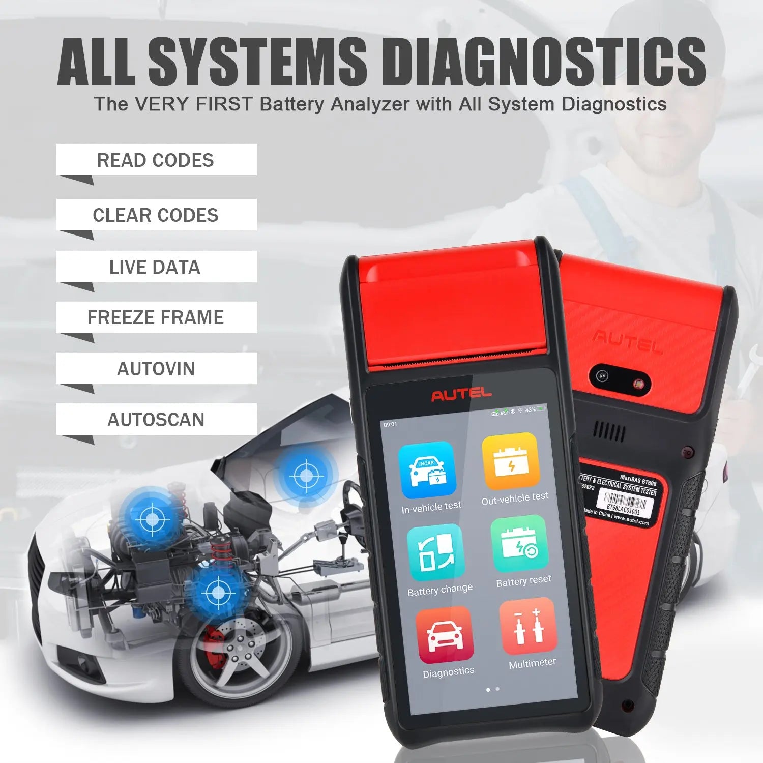 Autel MaxiBAS BT608 Auto Battery Tester Electrical System Analyzer Adaptive Conductance Techology All System Diagnostic Scanner - Dynamex