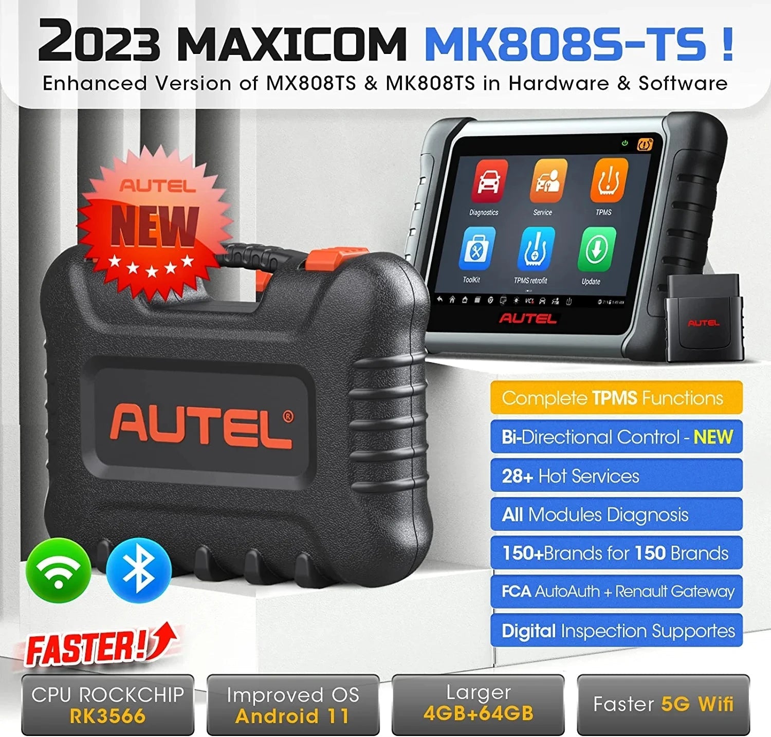 Autel MaxiCOM MK808S-TS OBD2 Scanner Bidirectional OE-Level TPMS Programming OBD2 Bluetooth Scanner Automotive Diagnostic Tools - Dynamex