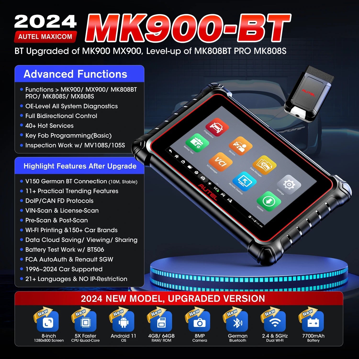 Autel MaxiCOM MK900-BT Diagnostic Scanner 2024 Wireless DoIP / CAN FD Scan Tool, Bi-directional Control, 40+ Service Functions - Dynamex