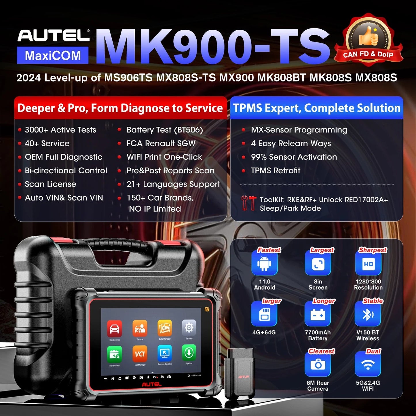 Autel MaxiCOM MK900-TS Diagnostic Scanner TPMS Wireless Scan Tool with DoIP / CAN FD, Bi-directional Control, 40+ Services - Dynamex