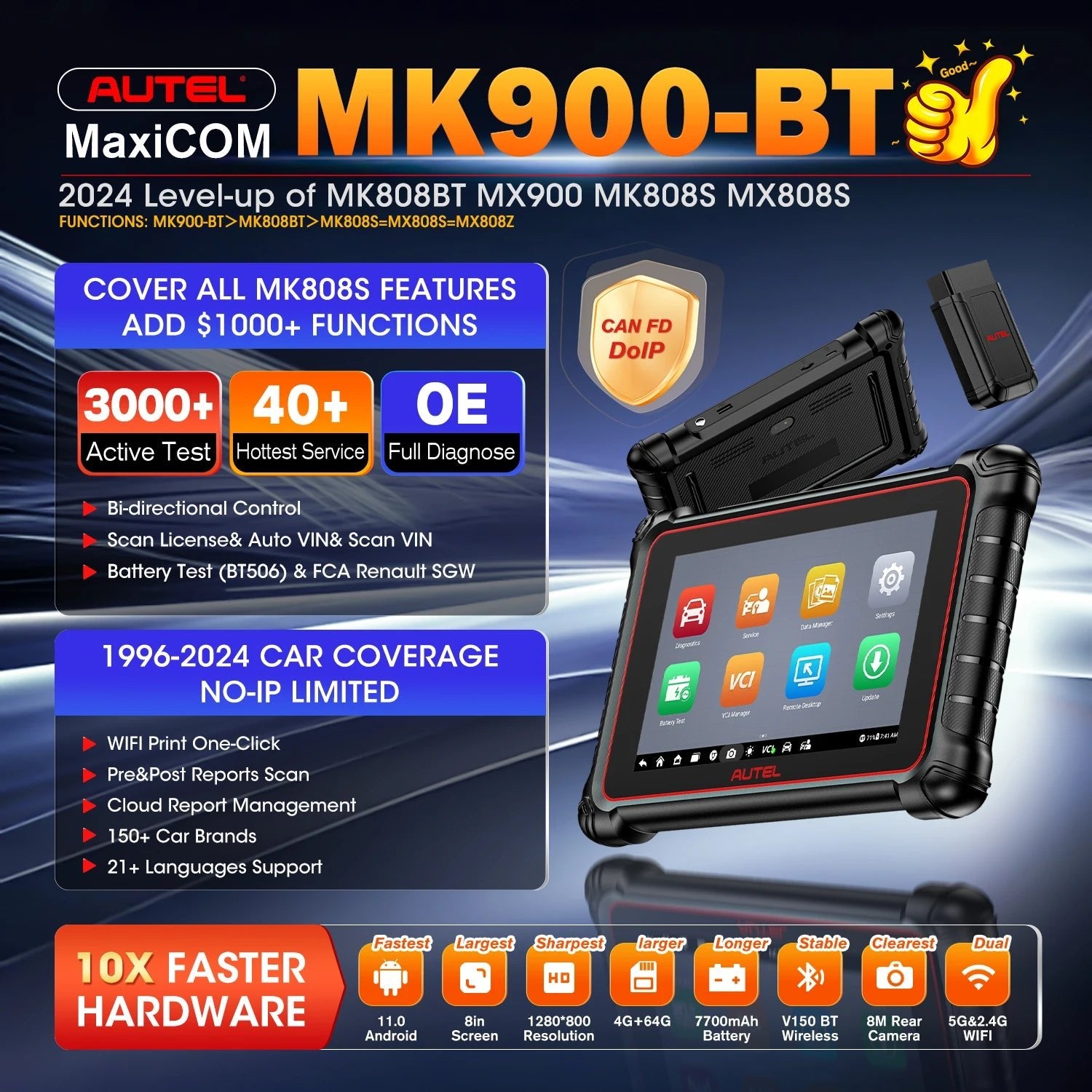Autel MaxiCOM MK900BT Bidirectional Diagnostic Tool, Active Test, 40+ Service with CAN FD/ DOIP, Upgrade of MK808BT PRO/ MK808S - Dynamex
