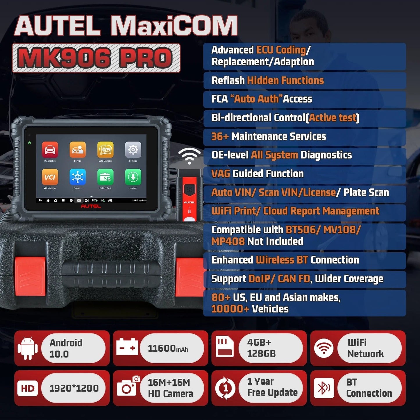 Autel MaxiCOM MK906 Pro Diagnostic Tool Auto Scanner with ECU Coding, Active Test, 36+ Services, Hardware Upgrade of MK906BT - Dynamex