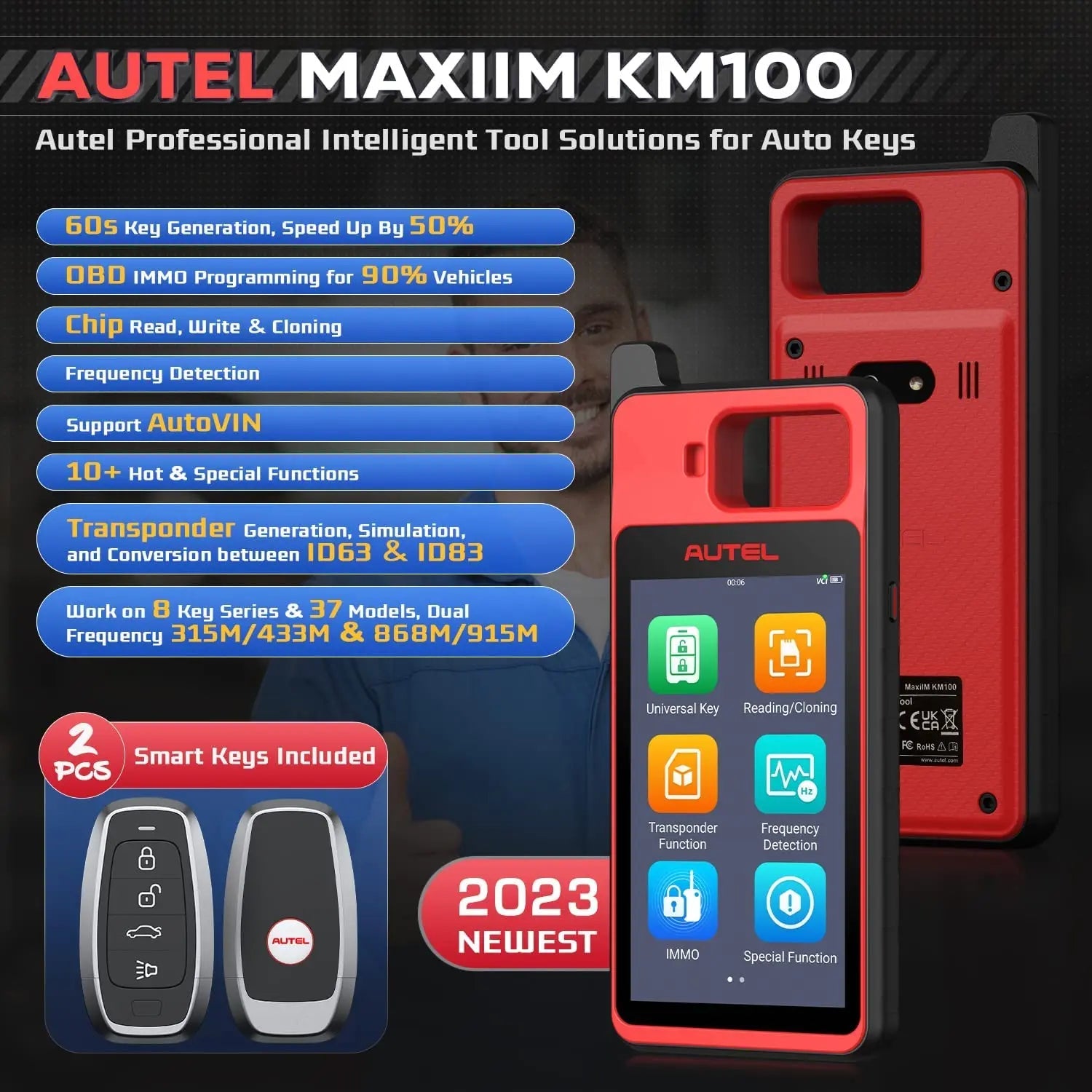Autel MaxiIM KM100 Key Fob Programming Immobilizer Tool 2PCS Autel IKEY for 60s Key Generation OBD IMMO Key Learning on 99% Car - Dynamex