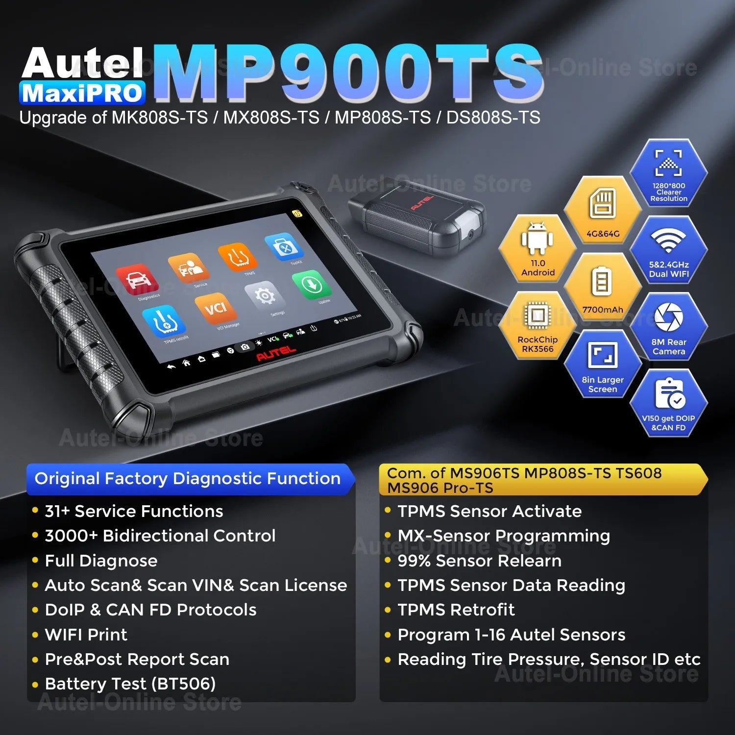 Autel MaxiPRO MP900TS Diagnostic Tool, Full System Bidirectional & Functional Tests Scan Tool, Work with CAN FD / DoIP vehicles - Dynamex