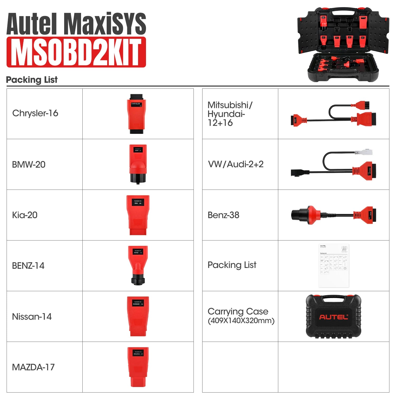 Autel MaxiSys MSOBD2 KIT Non-OBDII Adapters OEcompliant Kit included Benz-14, BMW-20, Chrysler-16, Kia-20, Mazda-17, Nissan-14 - Dynamex