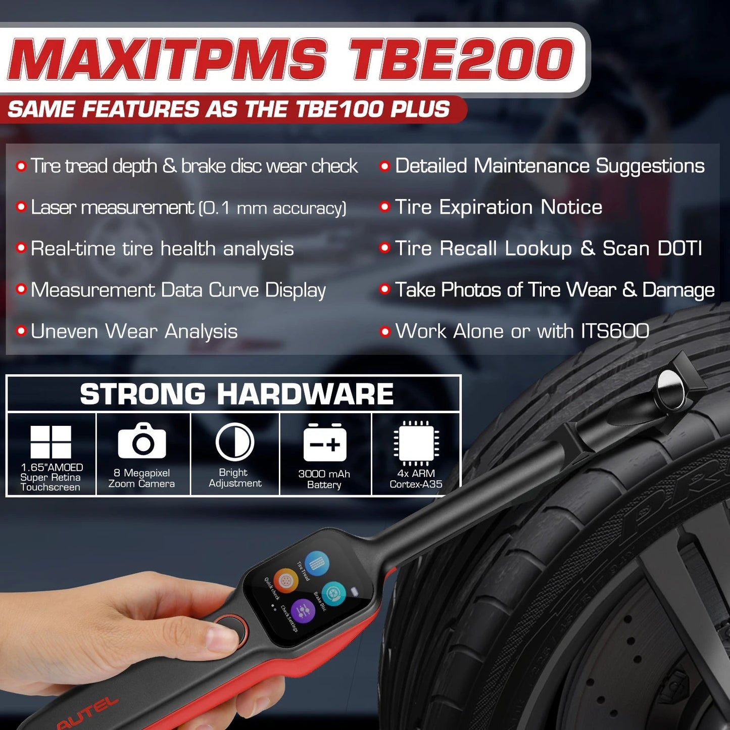 Autel MaxiTPMS TBE200 Laser Tire Tread Depth & Brake Disc Examiner Wear Tester Car Tire Tool Better Performance With ITS600 - Dynamex