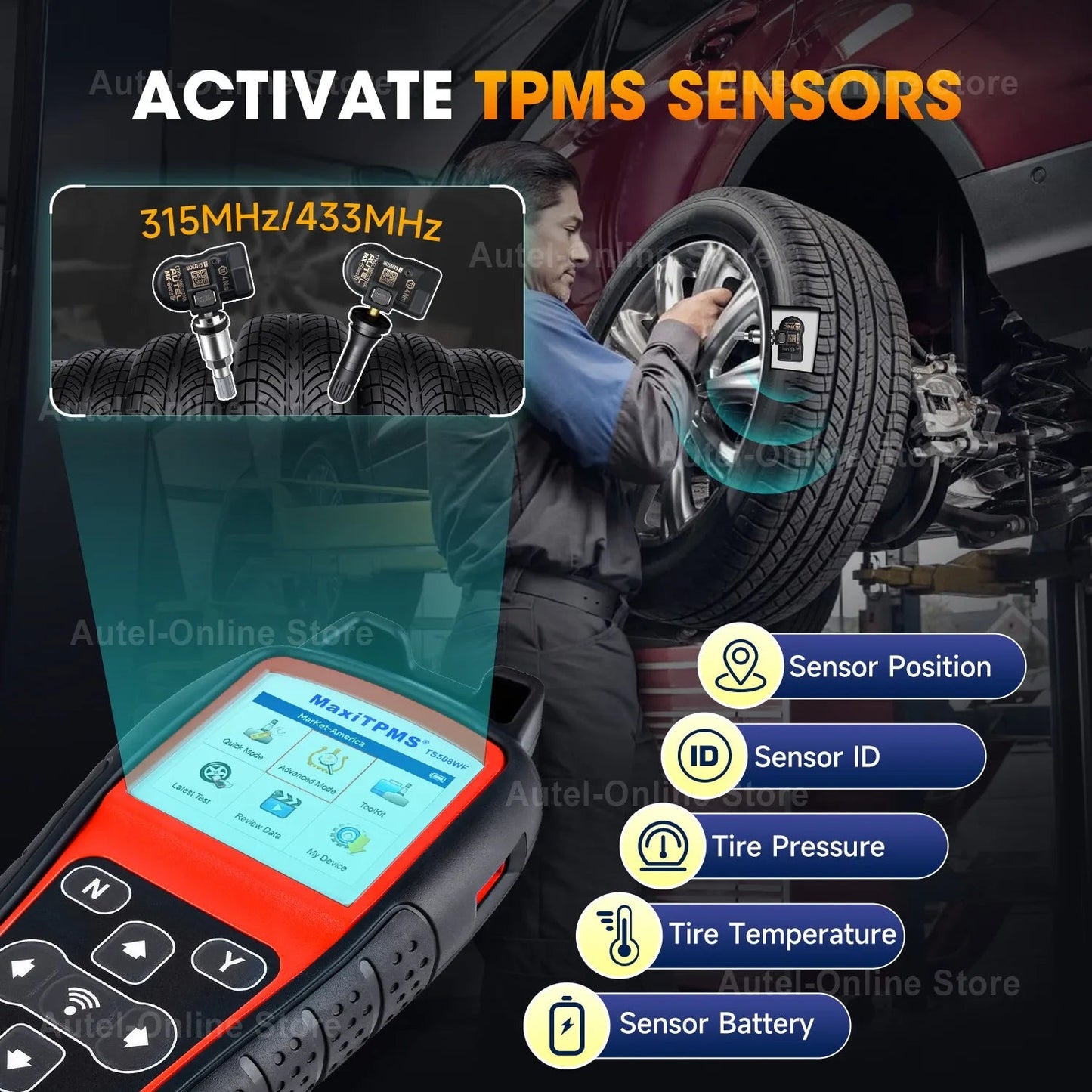 Autel MaxiTPMS TS508 TS508WF TPMS Tool 315 433MHZ MX-Sensor Programmer Tire Pressure Monitor Cars Diagnosis & Service Tool - Dynamex