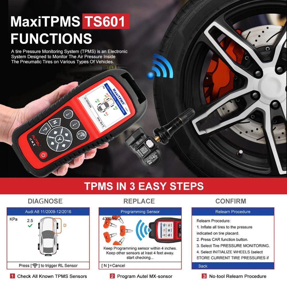 AUTEL MaxiTPMS TS601 TPMS Car Diagnostic tool OBD2 Scanner Automotive Activator Tire repair Tools Sensor programming - Dynamex