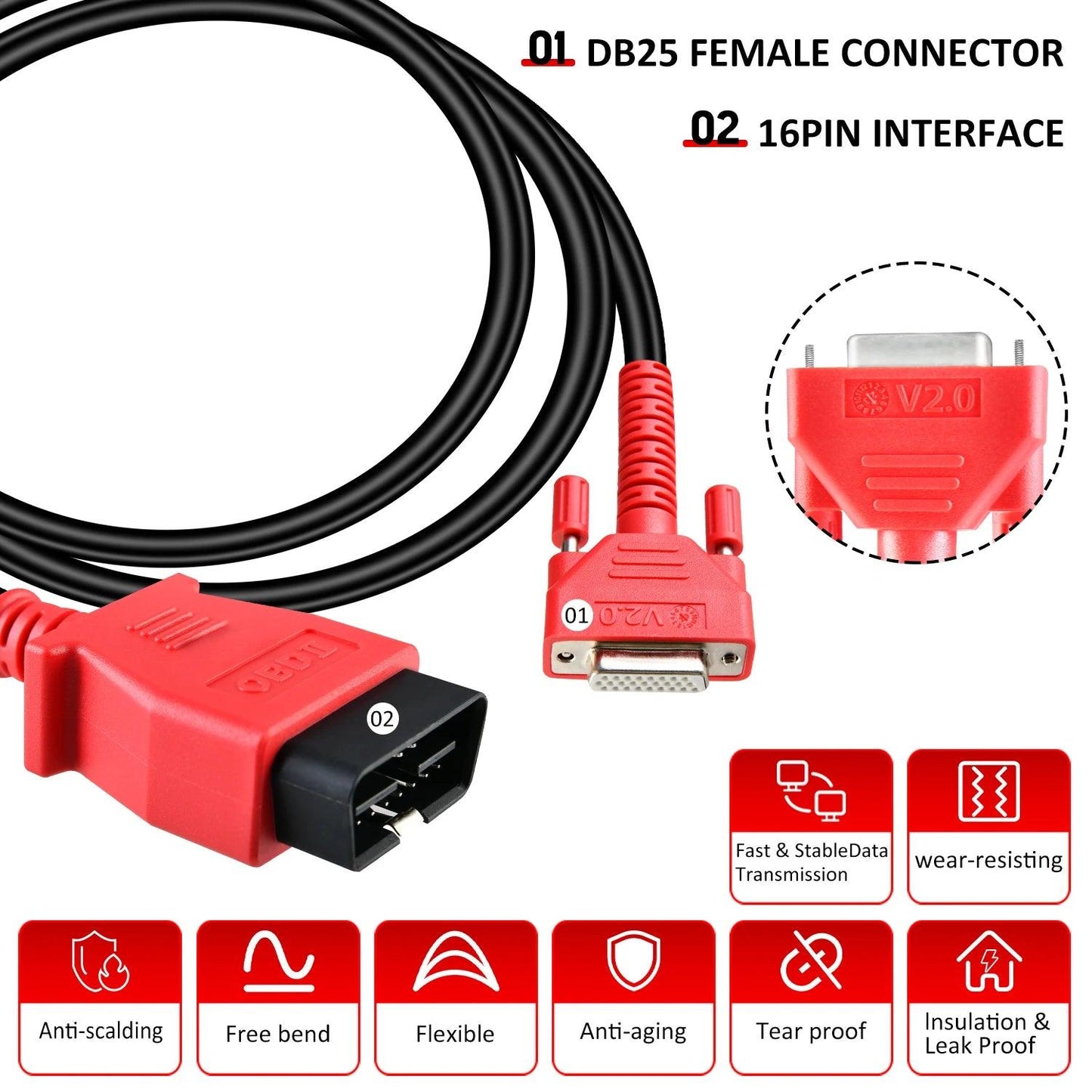 Autel Original OBD2 Cable Programming Cable DB25 Female OBDII Main Cable for Autel Diagnostic Scanner MS908, MS909, Ultra Series - Dynamex
