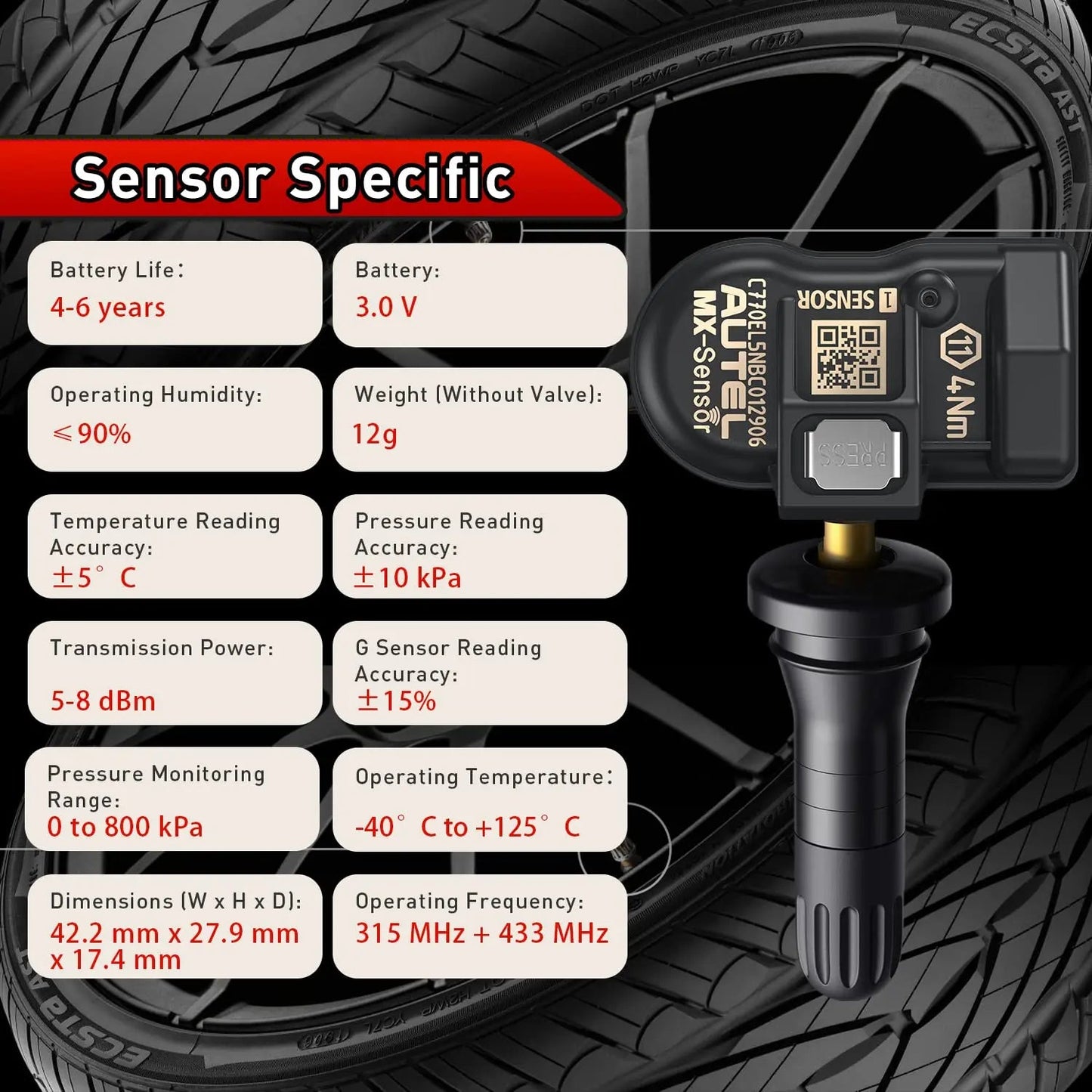 Autel TPMS Sensor MX-Sensor 2in1 315MHz + 433MHz Tire Replacement Sensor OE-Level Programmable & Cloneable TPMS Pressure Sensor - Dynamex