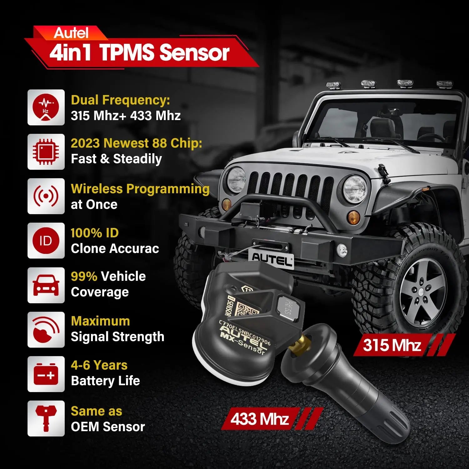 Autel TPMS Sensor MX-Sensor 2in1 315MHz + 433MHz Tire Replacement Sensor OE-Level Programmable & Cloneable TPMS Pressure Sensor - Dynamex