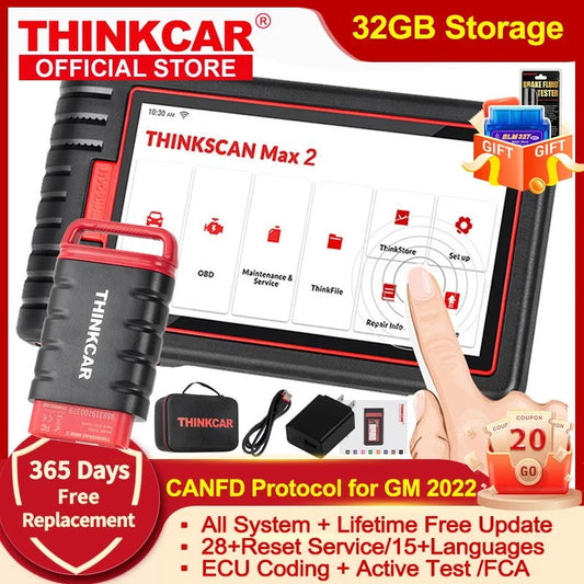 THINKCAR Thinktool ThinkScan Max 2 Full system Lifetime free AF DPF IMMO 28 Reset ECU Coding OBD2 Scanner Support CANFD For GM - Dynamex